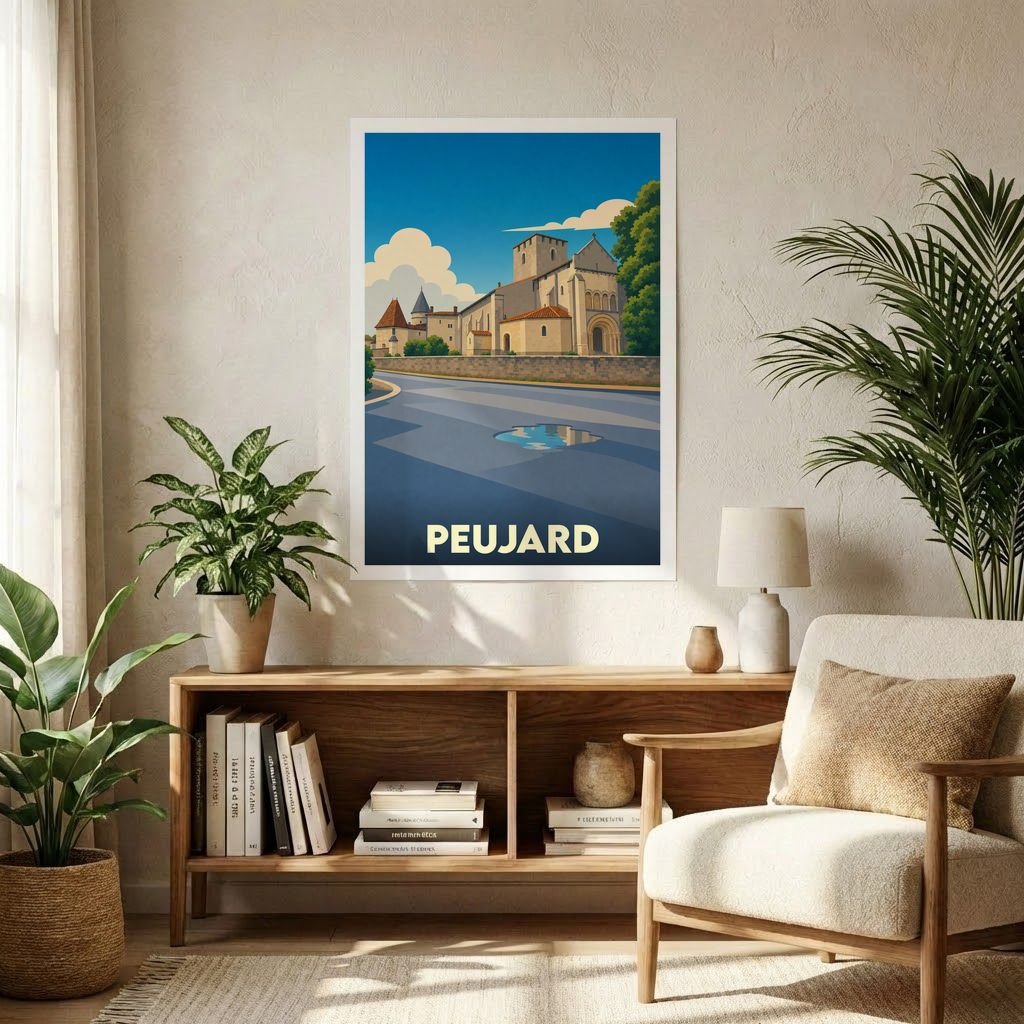 Affiche souvenir de la ville de Peujard avec une illustration stylisée de son église romane.