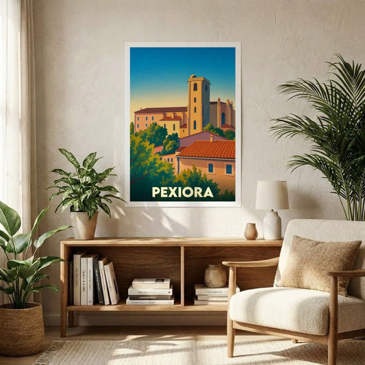 Affiche souvenir de la ville de Pexiora avec une illustration stylisée.