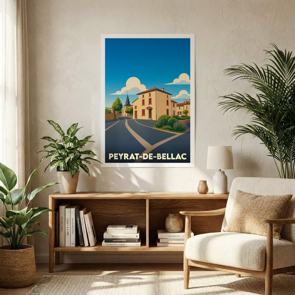 Affiche souvenir de la ville de Peyrat-de-Bellac avec une illustration stylisée.