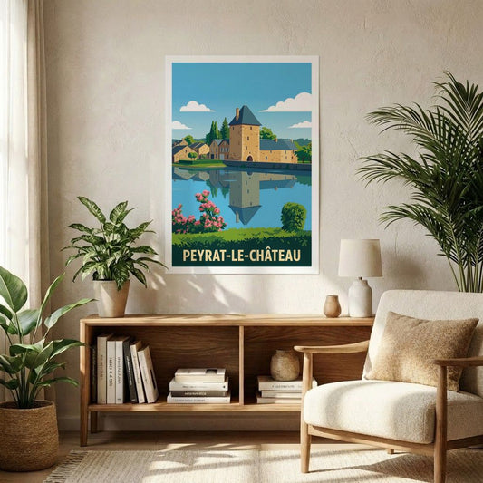 Affiche souvenir de la ville de Peyrat-le-Château avec une illustration stylisée.