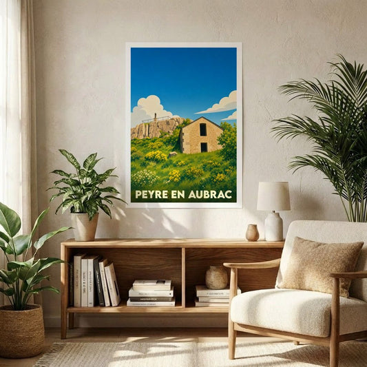 Affiche souvenir de la ville de Peyre en Aubrac avec une illustration stylisée de sa nature et de son patrimoine.