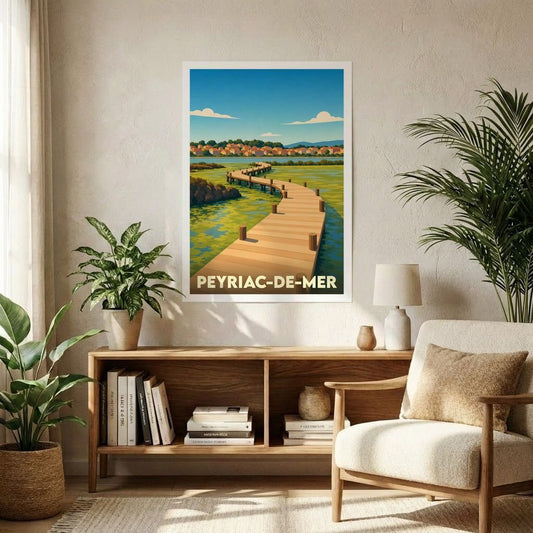Affiche souvenir de la ville de Peyriac-de-Mer représentant une illustration stylisée de ses célèbres pontons en bois.