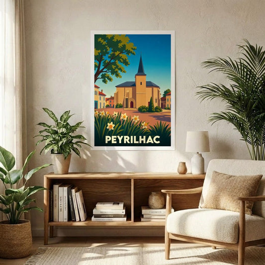 Affiche souvenir de la ville de Peyrilhac avec une illustration stylisée d'une église sous un ciel bleu.