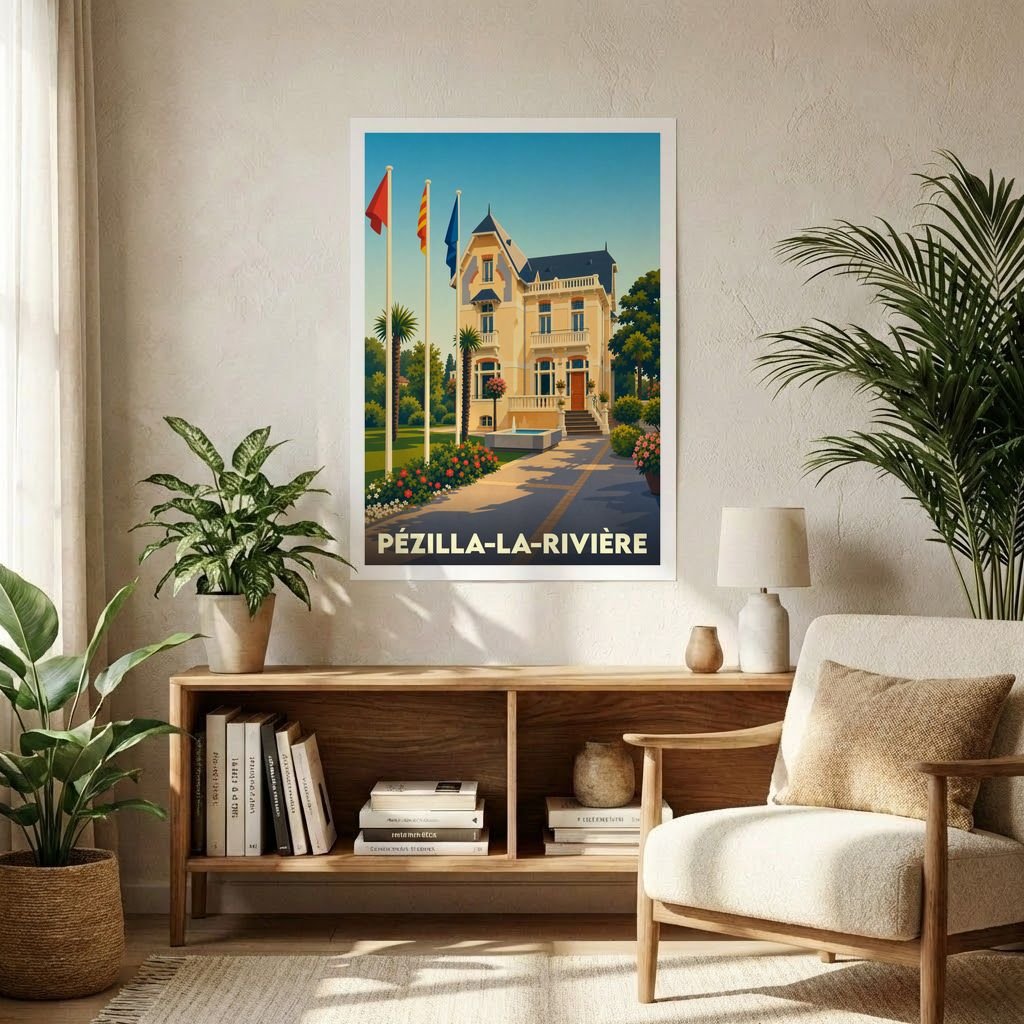 Affiche souvenir de la ville de Pézilla-la-Rivière avec une illustration stylisée d'une demeure bourgeoise.