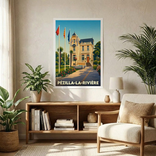 Affiche souvenir de la ville de Pézilla-la-Rivière avec une illustration stylisée d'une demeure bourgeoise.