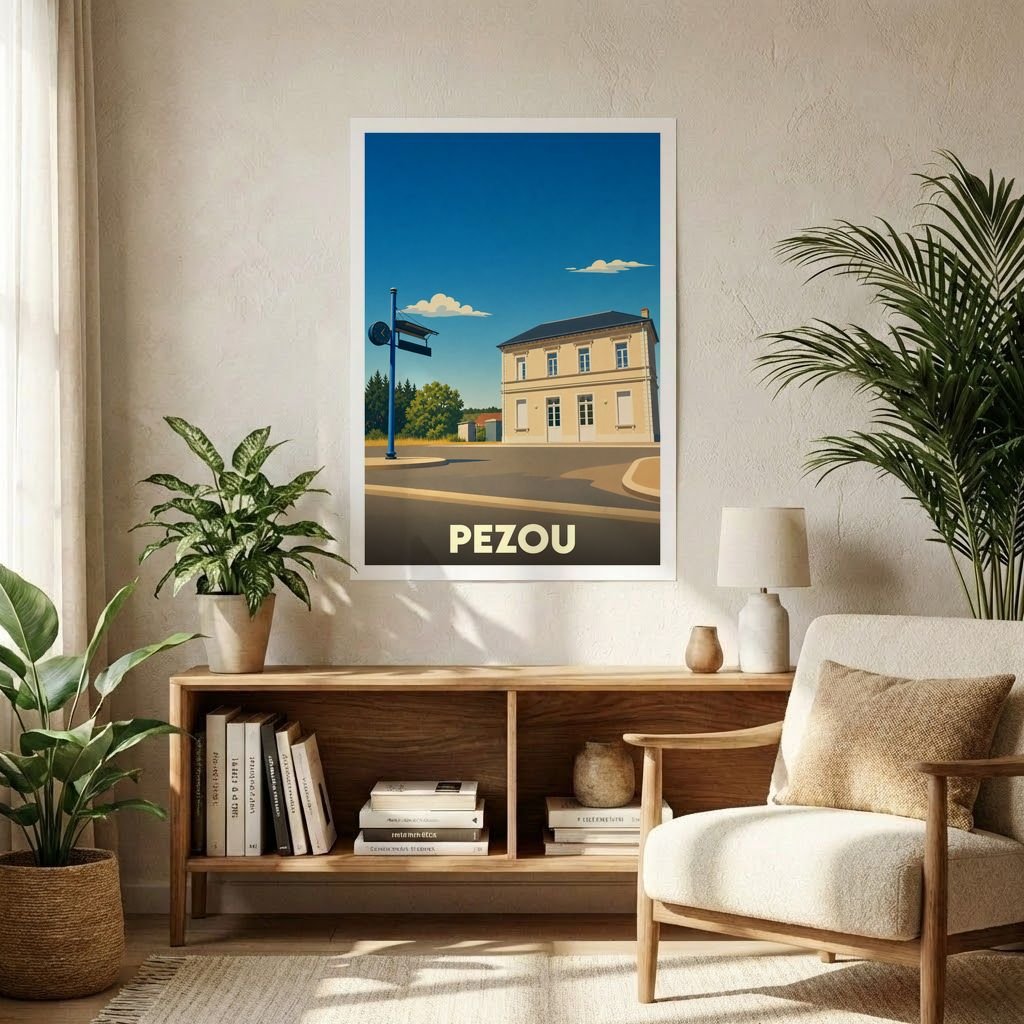 Affiche souvenir de la ville de Pezou représentant une illustration stylisée de sa gare sous un ciel bleu.