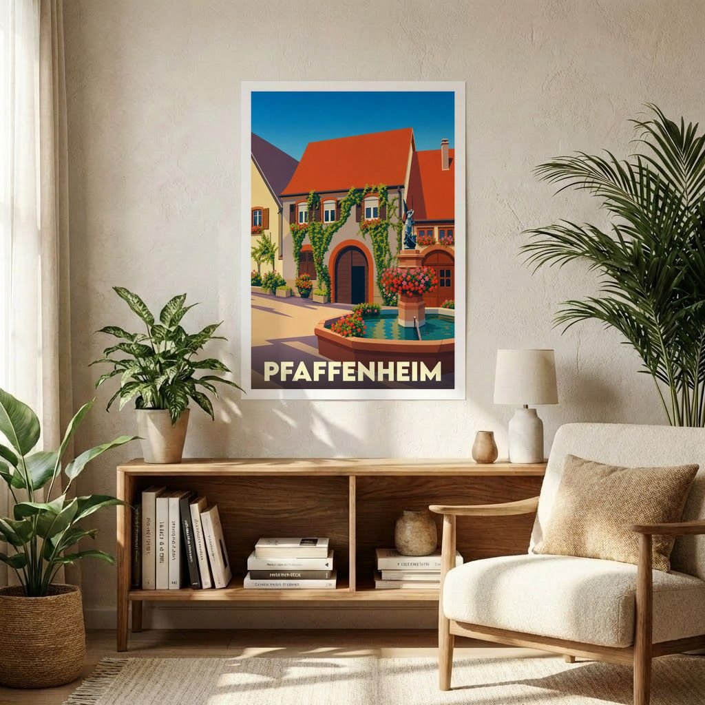 Affiche souvenir de la ville de Pfaffenheim avec une illustration stylisée d'une place fleurie.