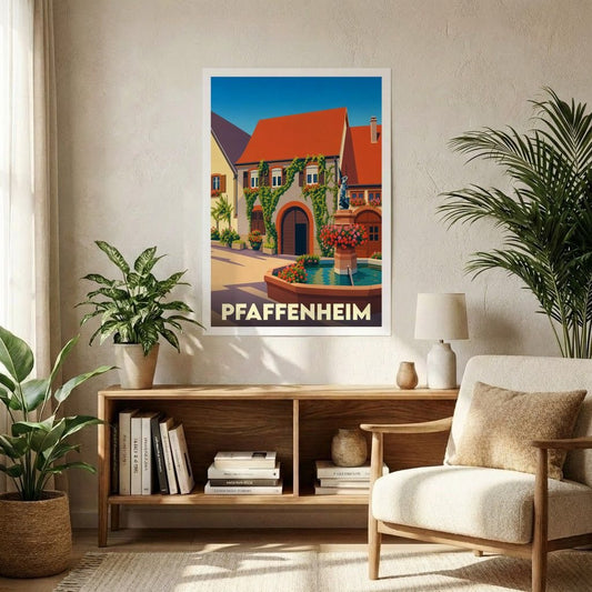 Affiche souvenir de la ville de Pfaffenheim avec une illustration stylisée d'une place fleurie.