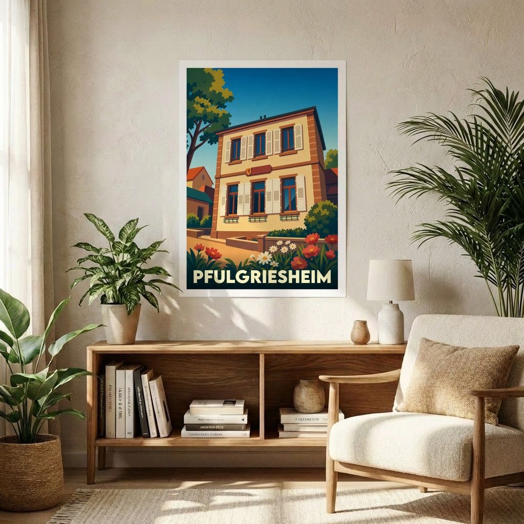Affiche souvenir de la ville de Pfulgriesheim avec une illustration stylisée d'une maison traditionnelle fleurie.