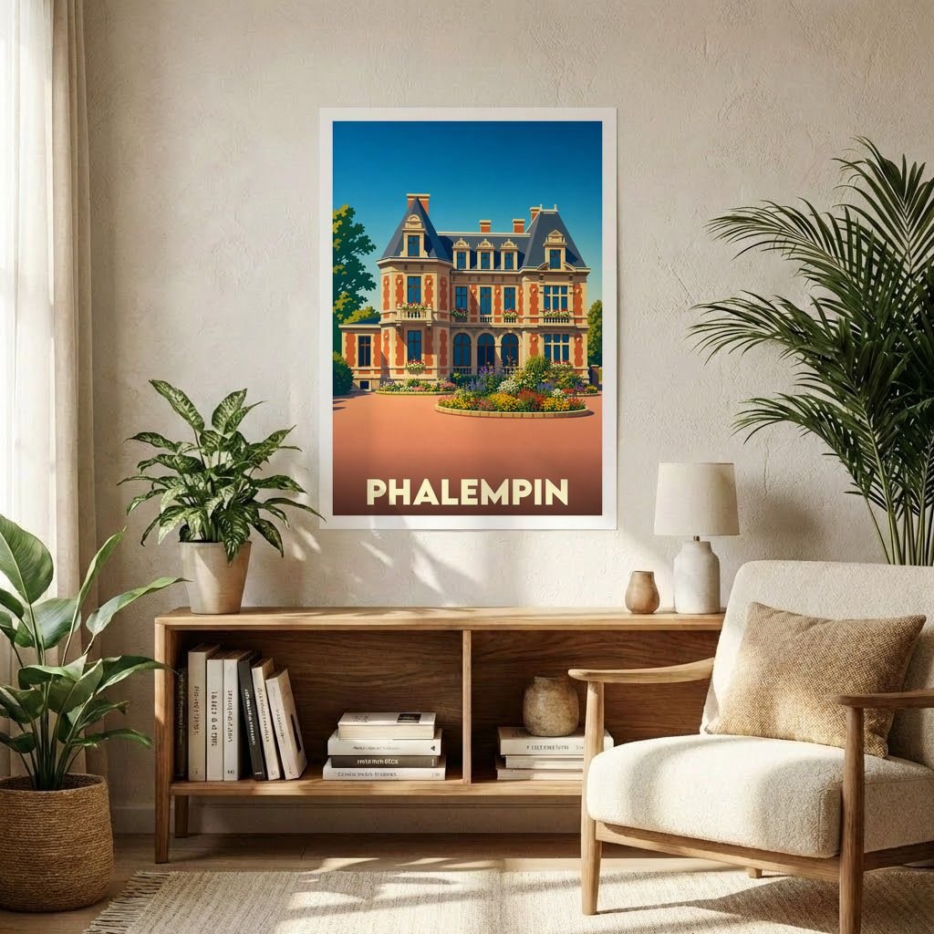 Affiche souvenir de la ville de Phalempin représentant une demeure de style néo-flamand dans un design graphique rétro.