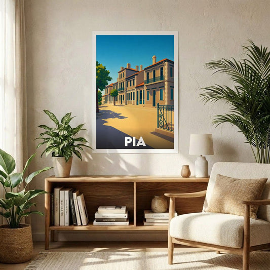 Affiche souvenir de la ville de Pia avec une illustration stylisée d'une rue ensoleillée.