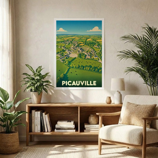 Affiche souvenir de la ville de Picauville avec une illustration stylisée d'un paysage rural normand.