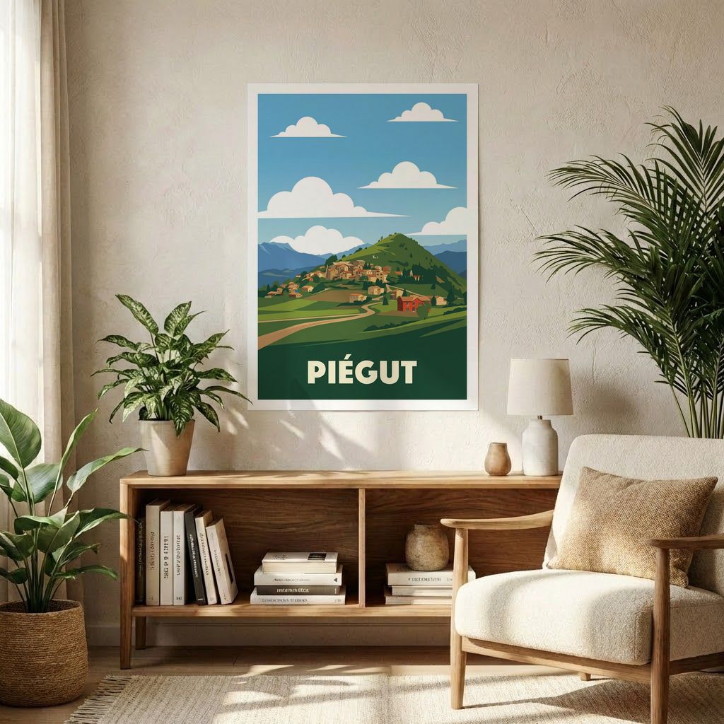 Affiche souvenir de la ville de Piégut avec une illustration stylisée de son paysage.