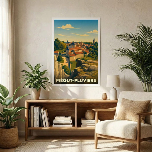 Affiche souvenir de la ville de Piégut-Pluviers avec une illustration stylisée.