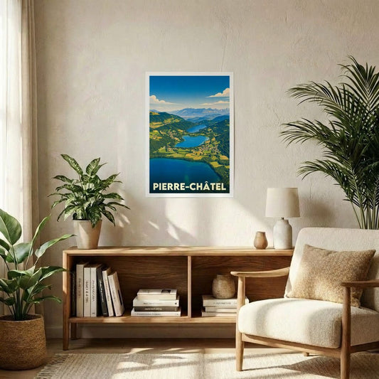 Affiche souvenir de la ville de Pierre-Châtel représentant ses lacs et montagnes dans un style vintage.