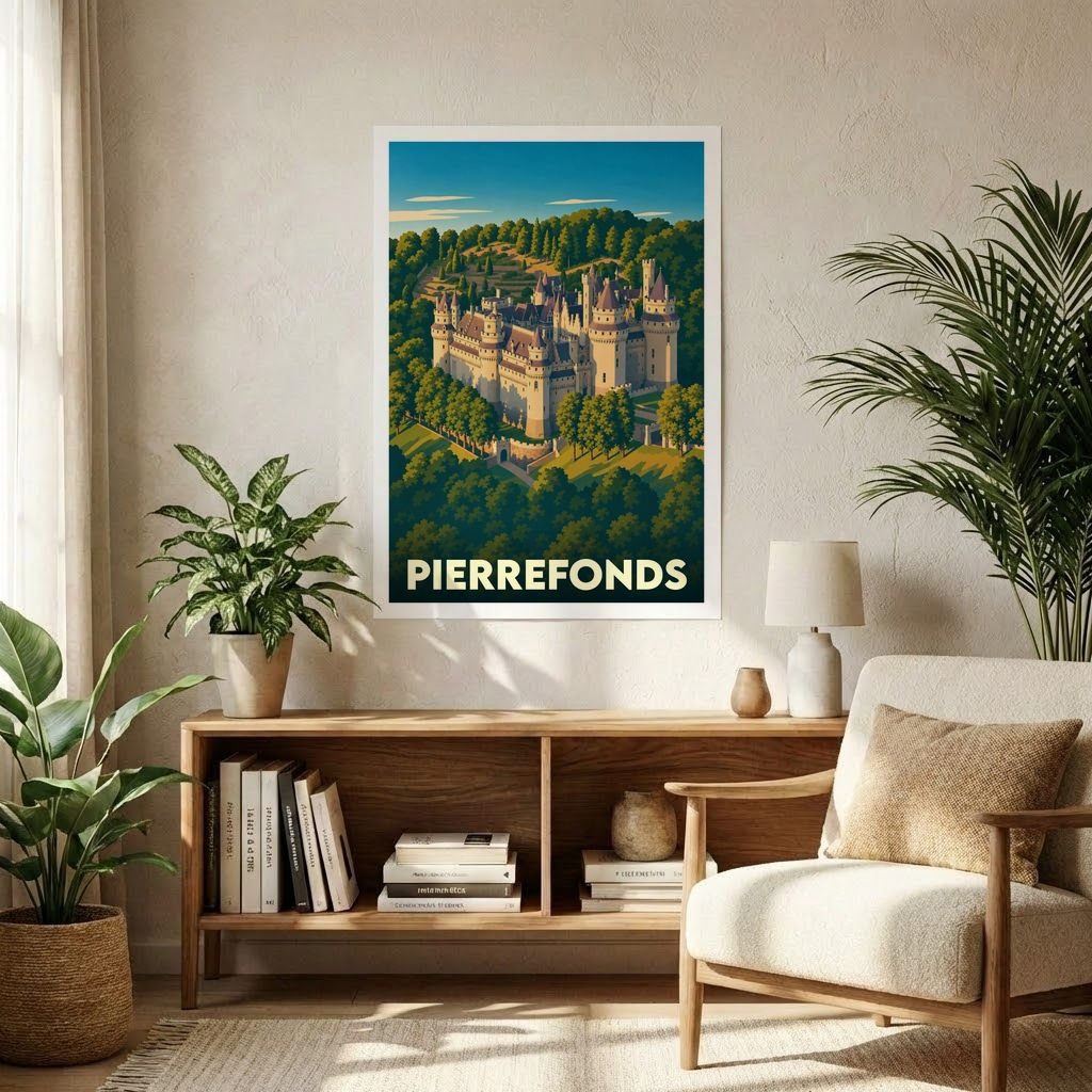 Affiche souvenir de la ville de Pierrefonds illustrant son château avec un style graphique rétro.
