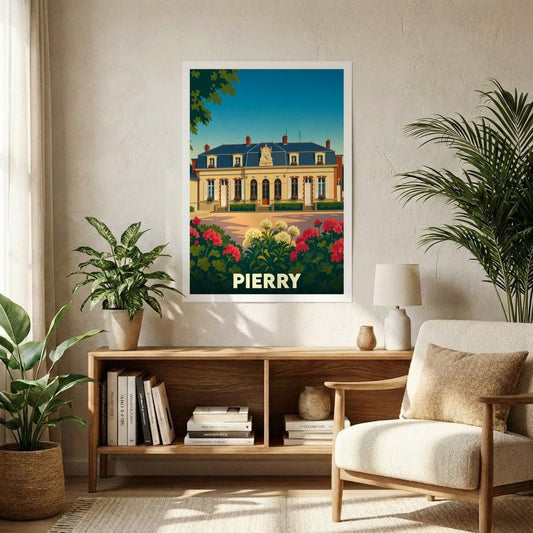 Affiche souvenir de la ville de Pierry présentant une illustration colorée et stylisée de sa mairie.