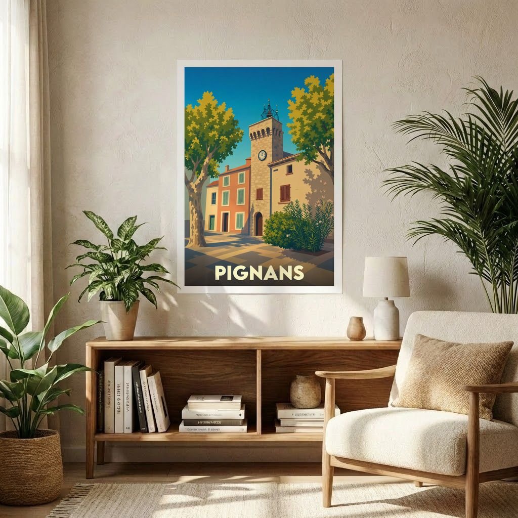Affiche souvenir de la ville de Pignans avec une illustration stylisée d'une place ensoleillée et sa tour de l'horloge.
