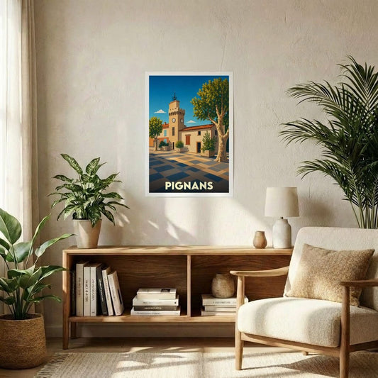 Affiche souvenir de la ville de Pignans avec une illustration stylisée et colorée.