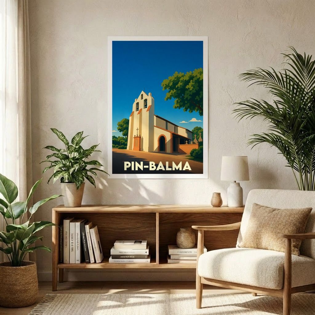 Affiche souvenir de la ville de Pin-Balma représentant son église dans un style graphique épuré.