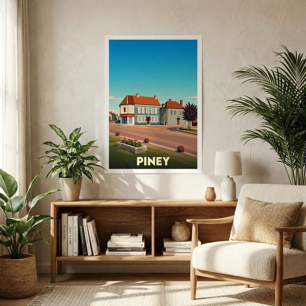 Affiche souvenir de la ville de Piney avec une illustration stylisée et colorée de ses maisons traditionnelles.