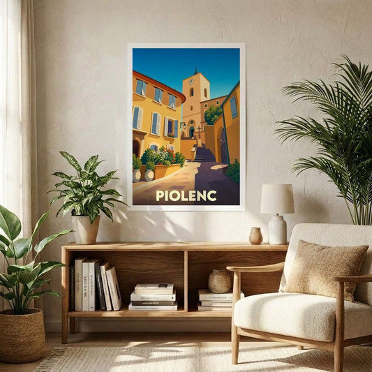 Affiche souvenir de la ville de Piolenc avec une illustration stylisée d'une ruelle ensoleillée et de son clocher.