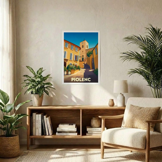 Affiche souvenir de la ville de Piolenc représentant une ruelle provençale ensoleillée dans un style graphique épuré.