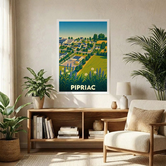 Affiche souvenir de la ville de Pipriac présentant une illustration stylisée et colorée de ses paysages.