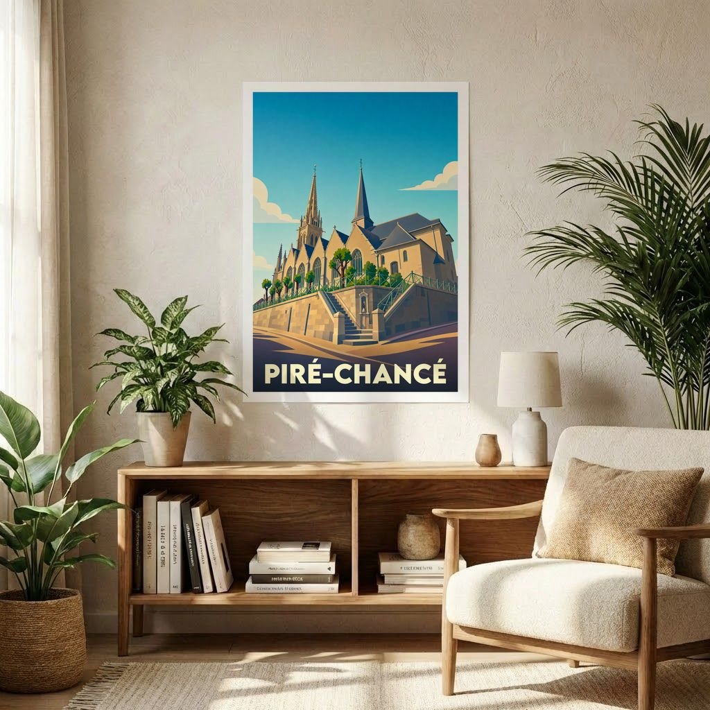 Affiche souvenir de la ville de Piré-Chancé présentant une illustration stylisée de son église et de son patrimoine architectural.