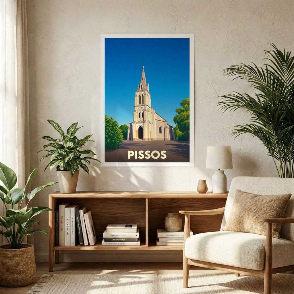 Affiche souvenir de la ville de Pissos illustrant son église dans un style graphique épuré.