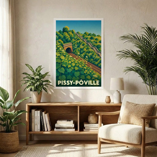 Affiche souvenir de la ville de Pissy-Pôville illustrant un paysage ferroviaire verdoyant dans un style rétro.