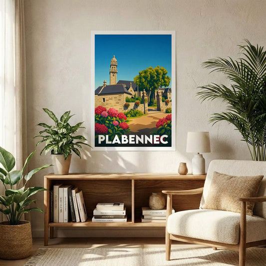Affiche souvenir de la ville de Plabennec avec une illustration stylisée d'une église bretonne et de fleurs colorées.