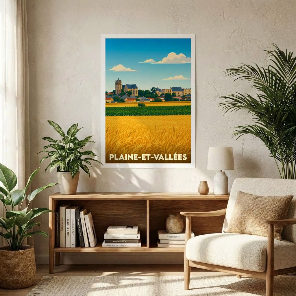 Affiche souvenir de la ville de Plaine-et-Vallées avec une illustration stylisée de champs dorés et d'un village pittoresque.