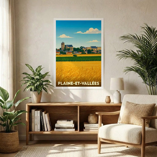 Affiche souvenir de la ville de Plaine-et-Vallées avec une illustration stylisée de champs dorés et d'un village pittoresque.