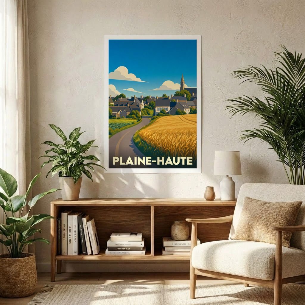 Affiche souvenir de la ville de Plaine-Haute présentant une illustration stylisée de son paysage champêtre et de ses habitations.