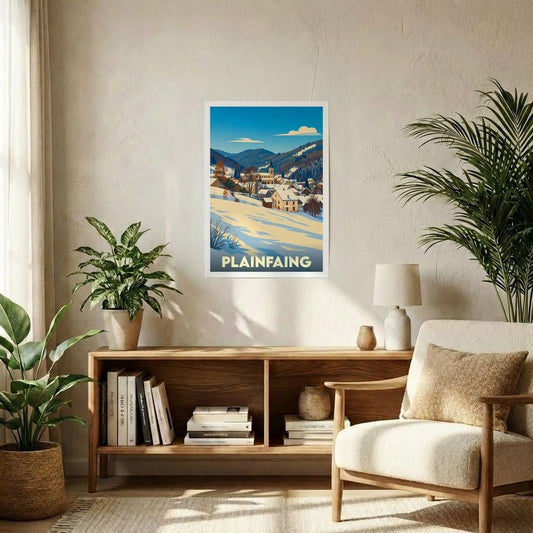 Affiche souvenir de la ville de Plainfaing avec une illustration stylisée d'un paysage de montagne enneigé.