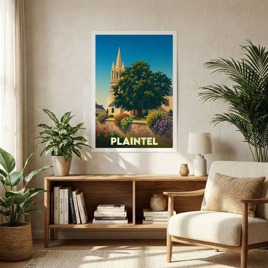 Affiche souvenir de la ville de Plaintel illustrant son église et sa végétation dans un style vintage épuré.