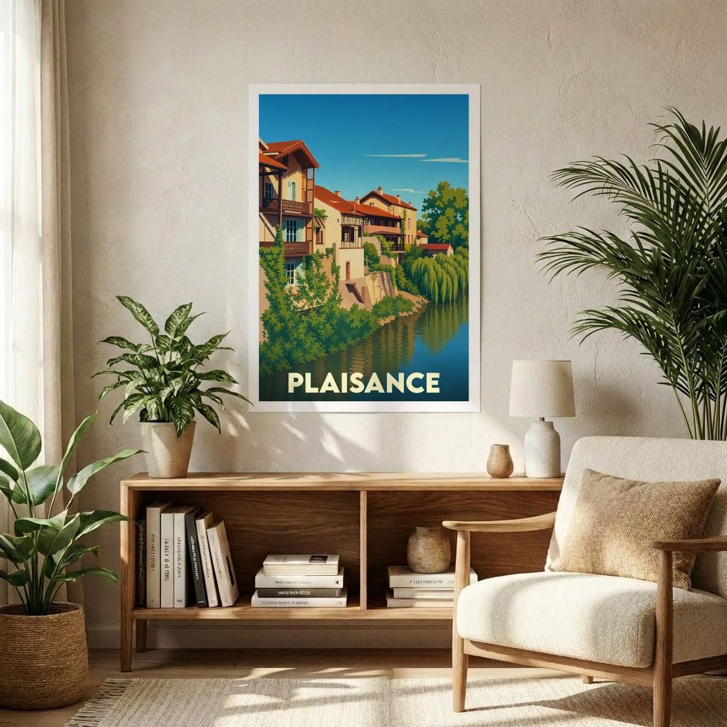 Affiche souvenir de la ville de Plaisance avec une illustration stylisée de maisons au bord de l'eau.