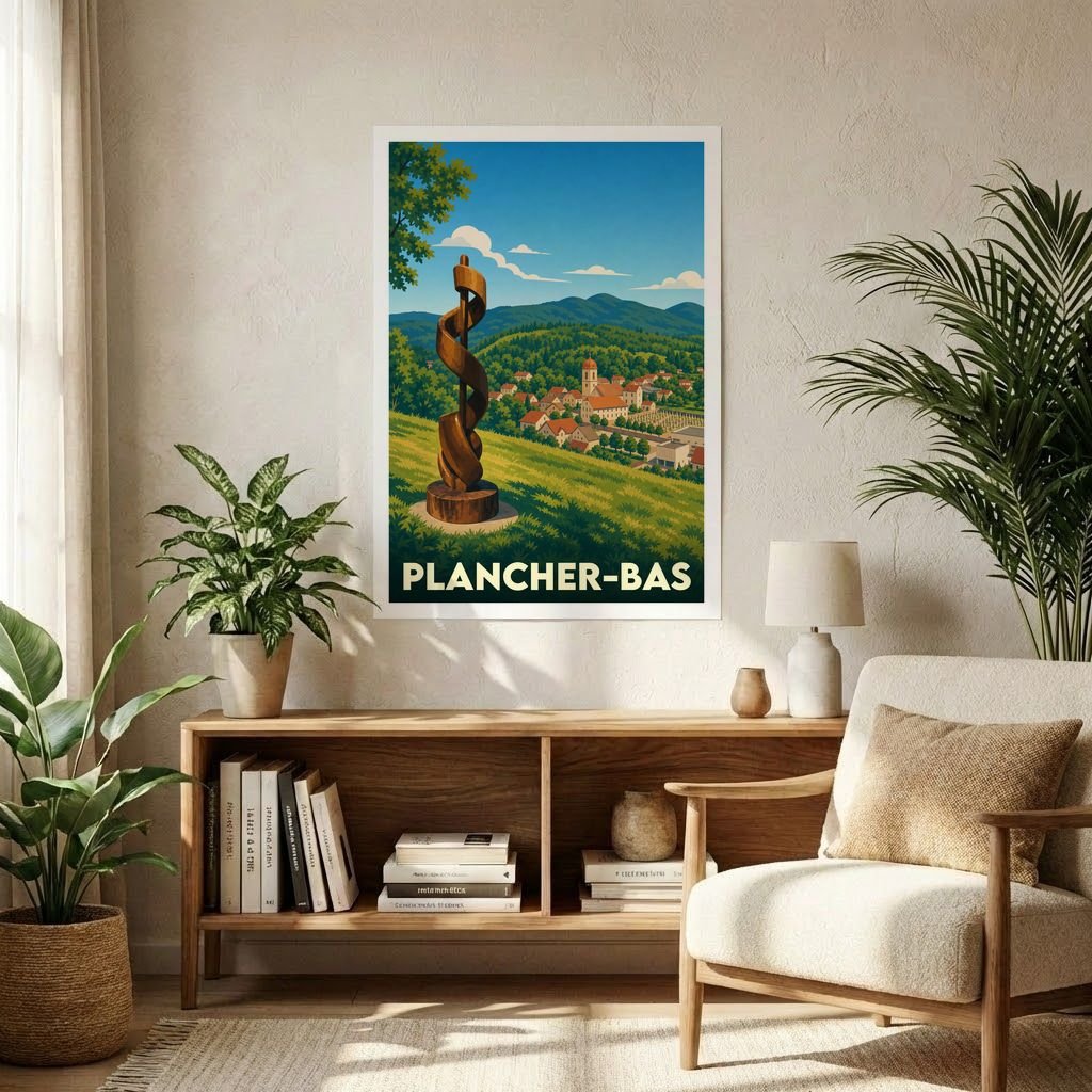 Affiche souvenir de la ville de Plancher-Bas illustrant un paysage vallonné et sa sculpture emblématique dans un style rétro.