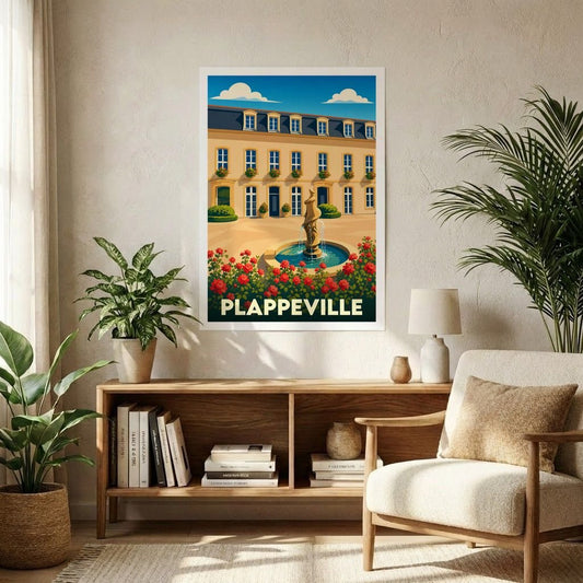 Affiche souvenir de la ville de Plappeville illustrant une place avec une fontaine et un bâtiment classique.
