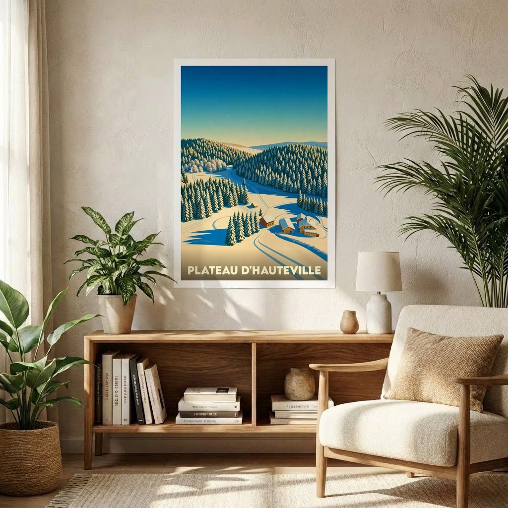 Affiche souvenir de la ville de Plateau d'Hauteville représentant un paysage de montagne enneigé avec une illustration stylisée.