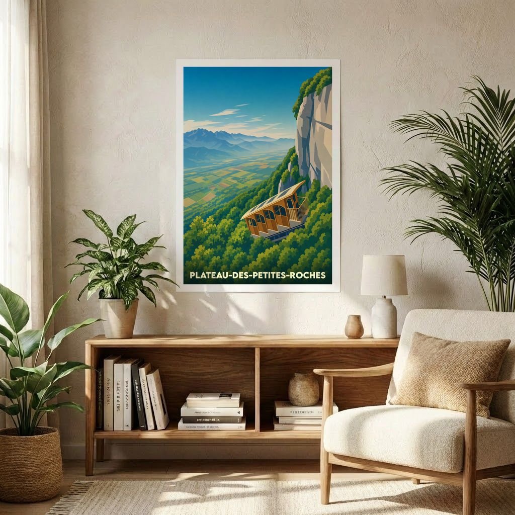 Affiche souvenir de la commune de Plateau-des-Petites-Roches illustrant son funiculaire dans un style rétro et coloré.