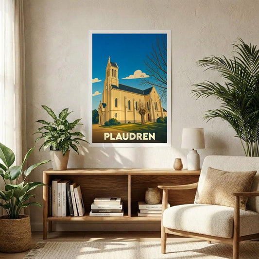 Affiche souvenir de la ville de Plaudren avec une illustration stylisée de son église sous un ciel bleu.