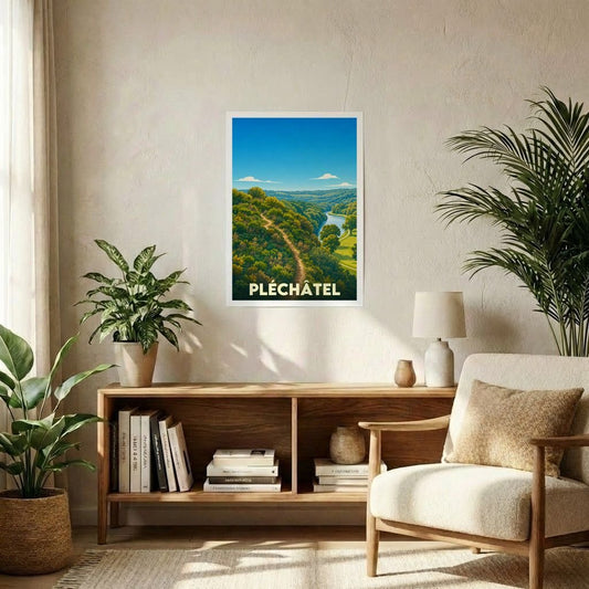 Affiche souvenir de la ville de Pléchâtel avec une illustration stylisée d'un paysage naturel.