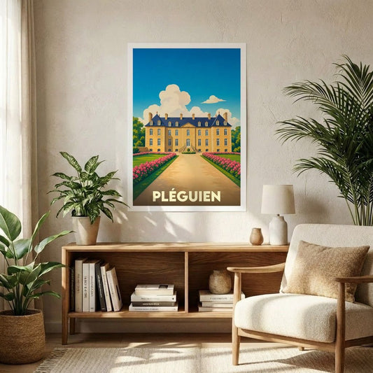 Affiche souvenir de la ville de Pléguien présentant une illustration stylisée d'un château avec ses jardins.