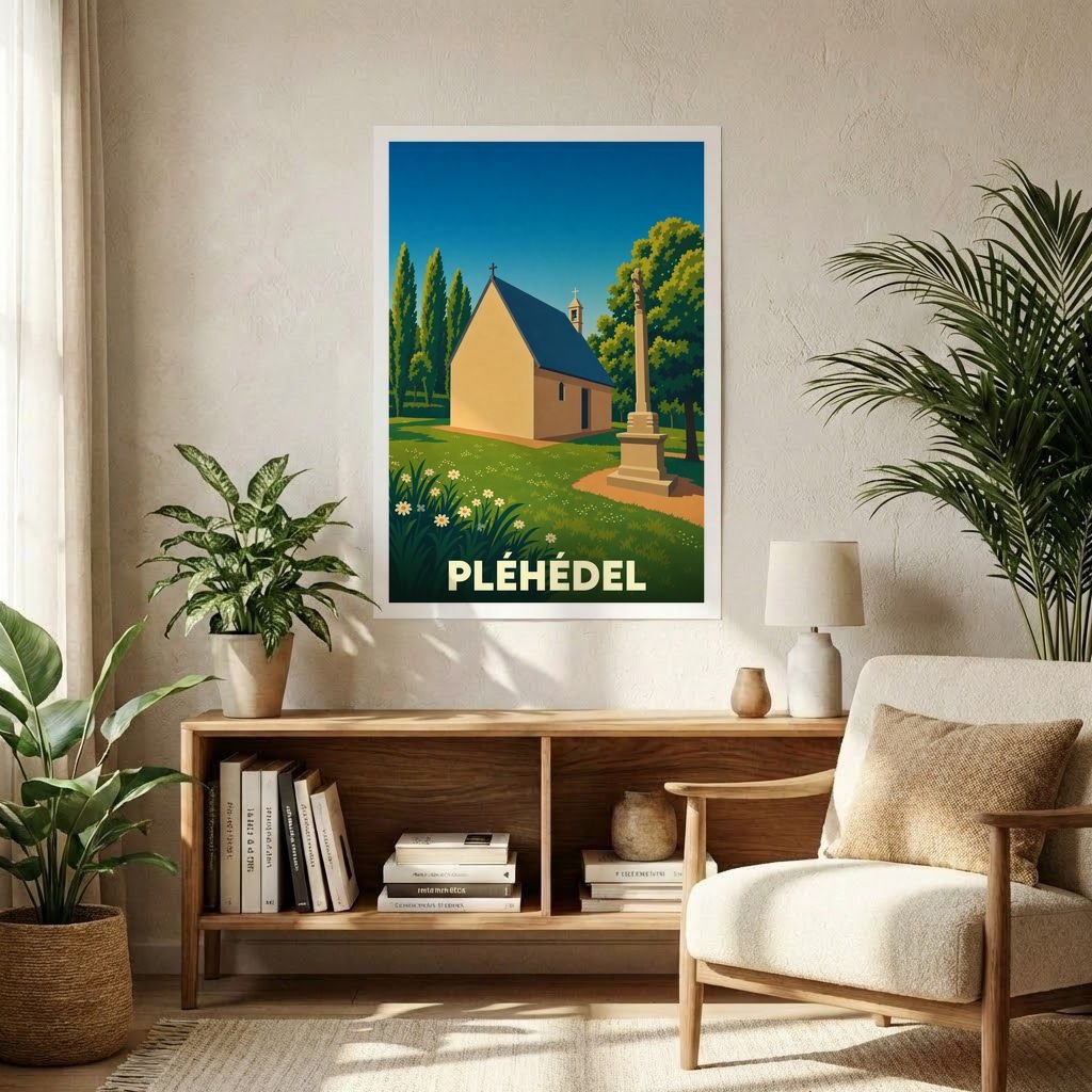 Affiche souvenir de la ville de Pléhédel avec une illustration stylisée d'une chapelle et d'un calvaire breton.