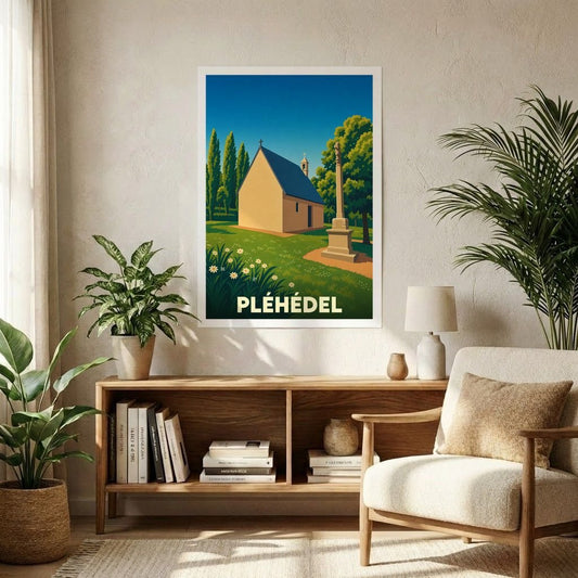Affiche souvenir de la ville de Pléhédel avec une illustration stylisée d'une chapelle et d'un calvaire breton.