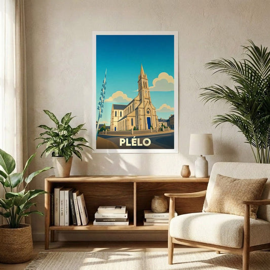 Affiche souvenir de la ville de Plélo avec une illustration stylisée de son église sous un ciel bleu.