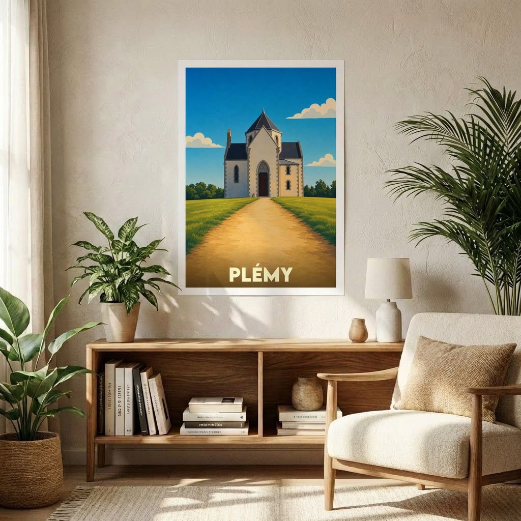 Affiche souvenir de la ville de Plémy avec une illustration stylisée d'un édifice historique au bout d'un chemin.