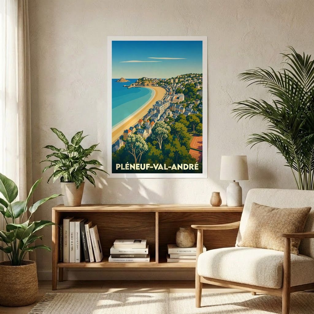 Affiche souvenir de la ville de Pléneuf-Val-André avec une illustration stylisée du littoral et de ses villas.